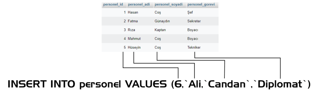 SQL Insert Kullanımı Tablo Örneği